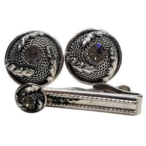 Swank Cufflink Tie Clasp Set Silver Tone Vtg Corpcore